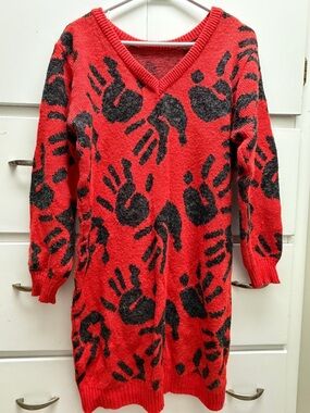 Vintage Rare Plain Jane Blood Orange Handprint V-Neck Women's Sweater Dress M